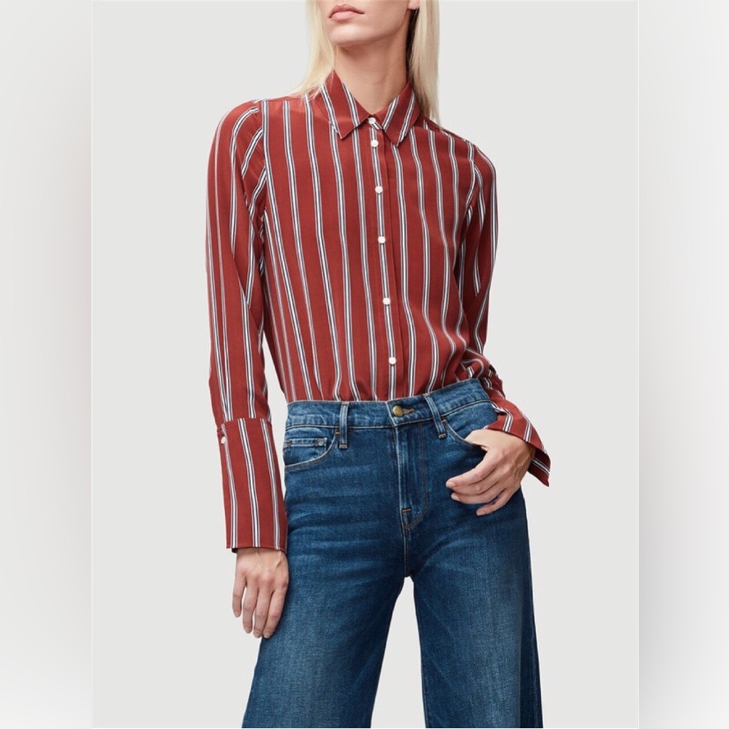 Nwt Frame Long Cuff Striped Pj Silk Blouse Shirt, Burnt Henna Size S